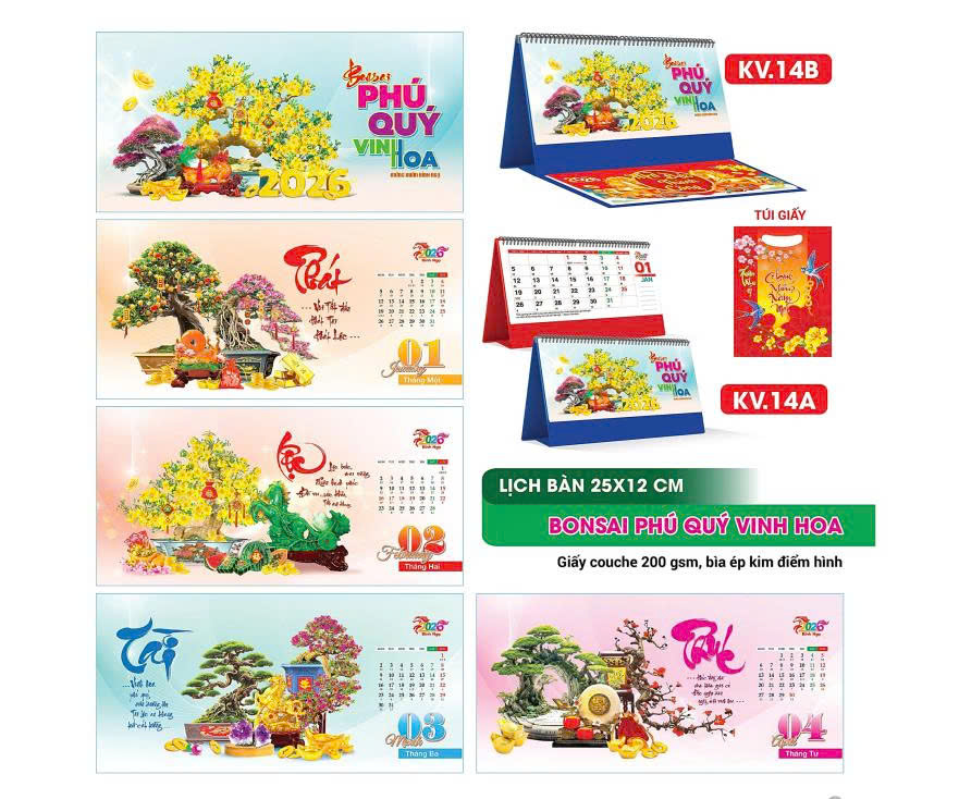 Lịch để bàn chữ M_ Mẫu Phú quý vinh hoa